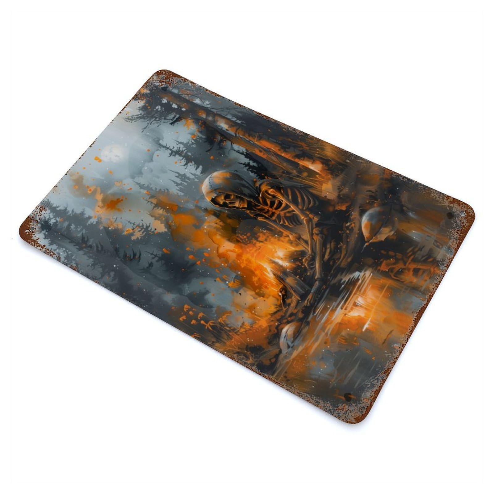 Skeleton by The Fire 11.8"x7.9" Rusty Metal Tin Sign, Farmhouse Wall Decor for Office, Studio And Wall Decor