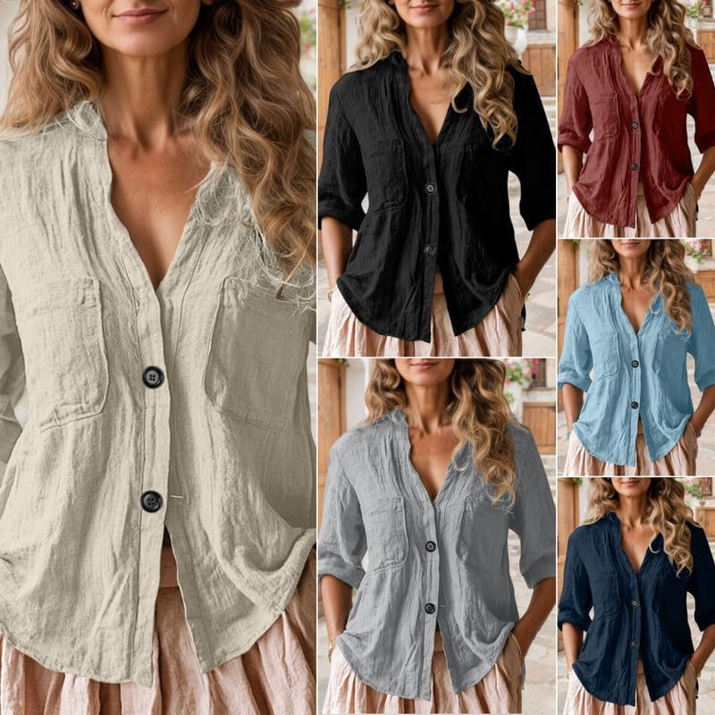 Women’s Casual Button Front Shirts Cotton Linen 3/4 Sleeve V Neck Solid Daily Work Tunic Tops with Pockets - Image 3