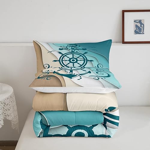 Miniatura 5 de Erosebridal Juego de edredón costero oceánico, juego de edredón de ancla náutica, juego de ropa de cama tamaño Queen con brújula de gaviota marina,