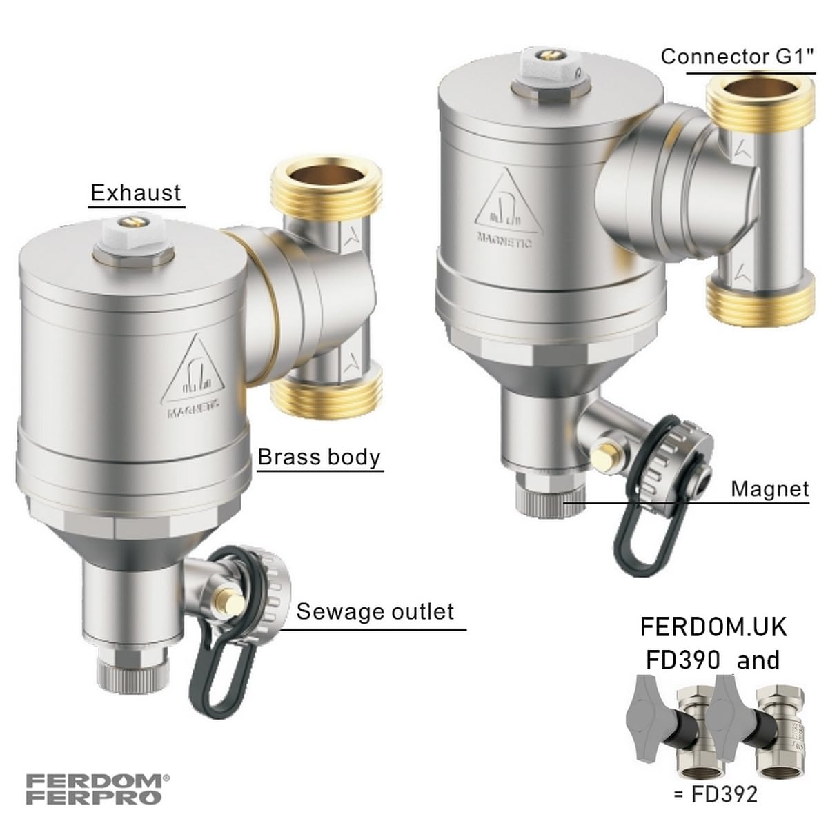 FERDOM "STRONG" FD392 1"/DN25 Filtro Magnético/Hidrociclón Para Sistemas De Calefacción etc. Imán 10000Gs. Con Separador De Partículas No Magnéticas 1000µm Inox. Max.40kW, Con.360 grados+2 Válvulas 1"