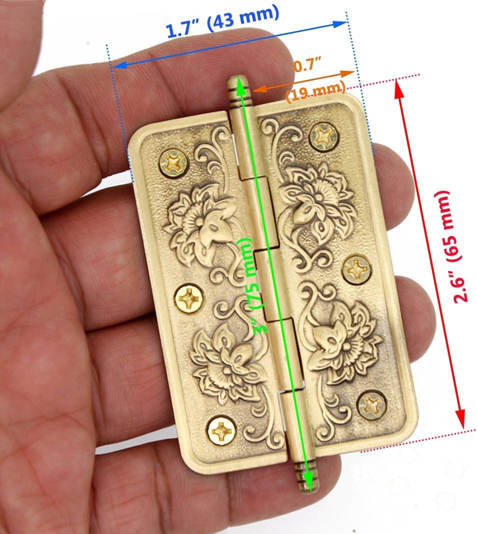 6 PCs Embossed Brass Hinges - Decorative Flap Hinges with Flower Patterns for Wooden Chest Trunck Cabinet Cupboard, Plate Length 2.6" (65 mm)