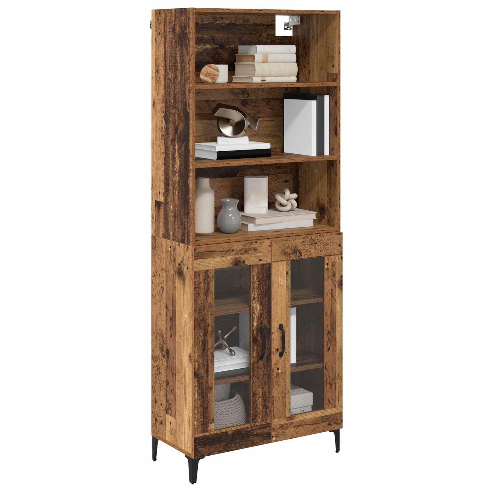 Aparador alto de madera envejecida, 69,5 x 34 x 180 cm, material de madera, con 2 puertas, estantes ajustables, patas de hierro robustas, espacio de almacenamiento versátil para comedor, salón