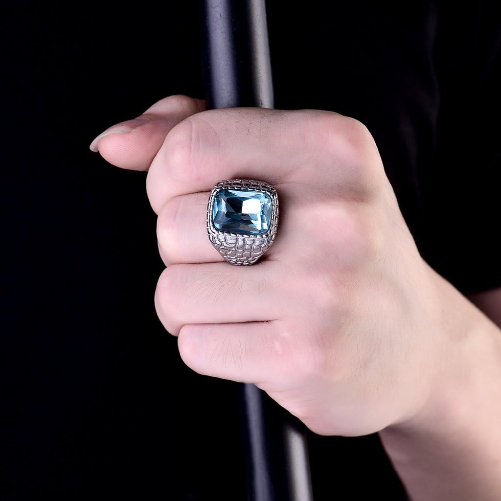 MASOP Anti Allergy 316L Stainless Steel Ring Man Synthetic Aquamarine Crystal Engagement Wedding Jewelry