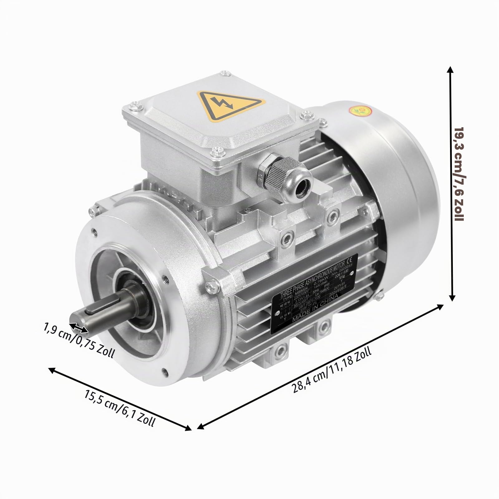 Motor Elektromotor,0.75KW 230/400V Drehstrom-Asynchronmotor,S1 Motor,Schaftdurchmesser 19mm,1400 U/min,IP55,Isolationsklasse F,für Maschinen und Anlagen