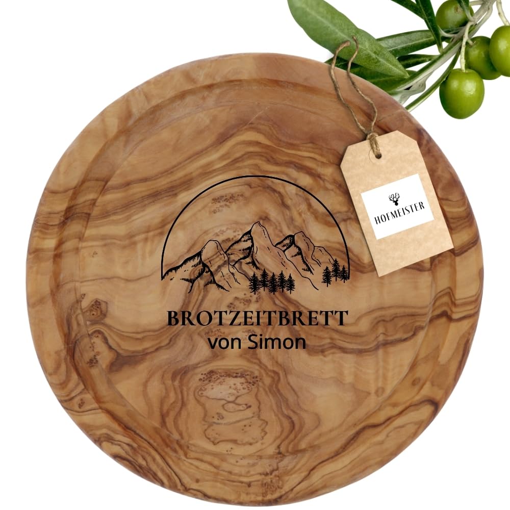 HOFMEISTER® Brotzeitbrett Gravur personalisiertes Geschenk - Vesperbrett aus Olivenholz mit Saftrille, Jausenbrett, Burgerbrett, Geschenkidee zum Geburtstag, für die Brotzeit, rund, 20 cm