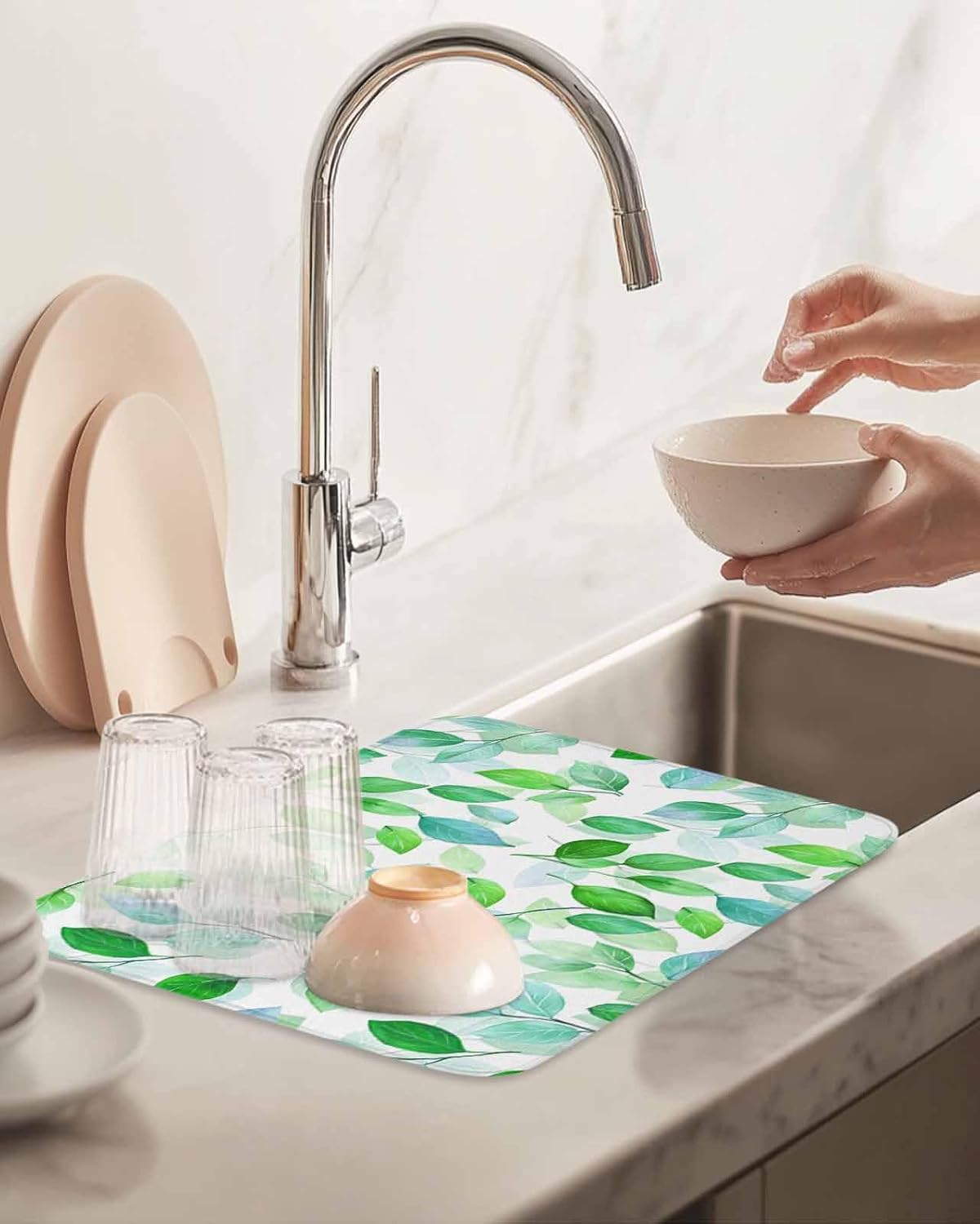 Dish Drying Mat for Kitchen Counter Spring Leaves Pattern Green Highly Absorbent Dish Drainer 18 x 24 Inches Dish Drying Pad for Kitchen Counter, Sink, Draining Racks 2PCS