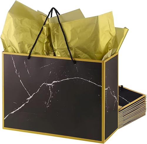 Cmecial 10 bolsas de regalo extragrandes de mármol con papel de seda, bolsas de regalo negras doradas de 16 pulgadas grandes con asas, bolsas de