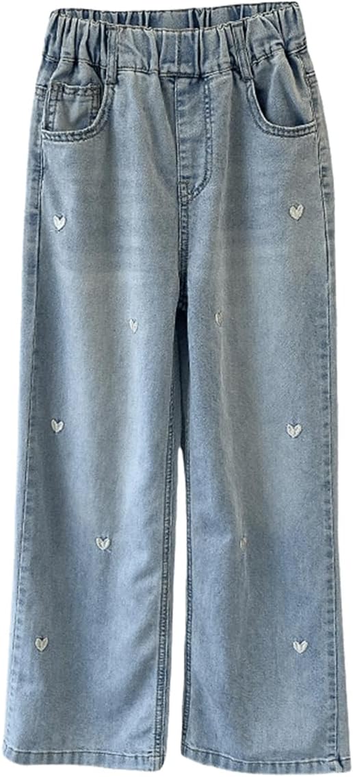 Kids Girls Baggy Jeans Heart Print Casual Wide Leg Loose fit Denim Pants Size 5-14 Years - Image 3