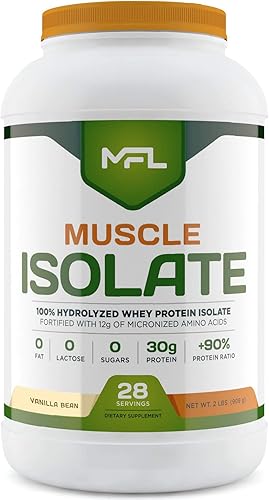 MFL 100% proteína aislada l 1.06 oz de proteína l 0.42 oz de aminoácidos l Keto Friendly l Bajo en carbohidratos l 2 libras (grano de vainilla)