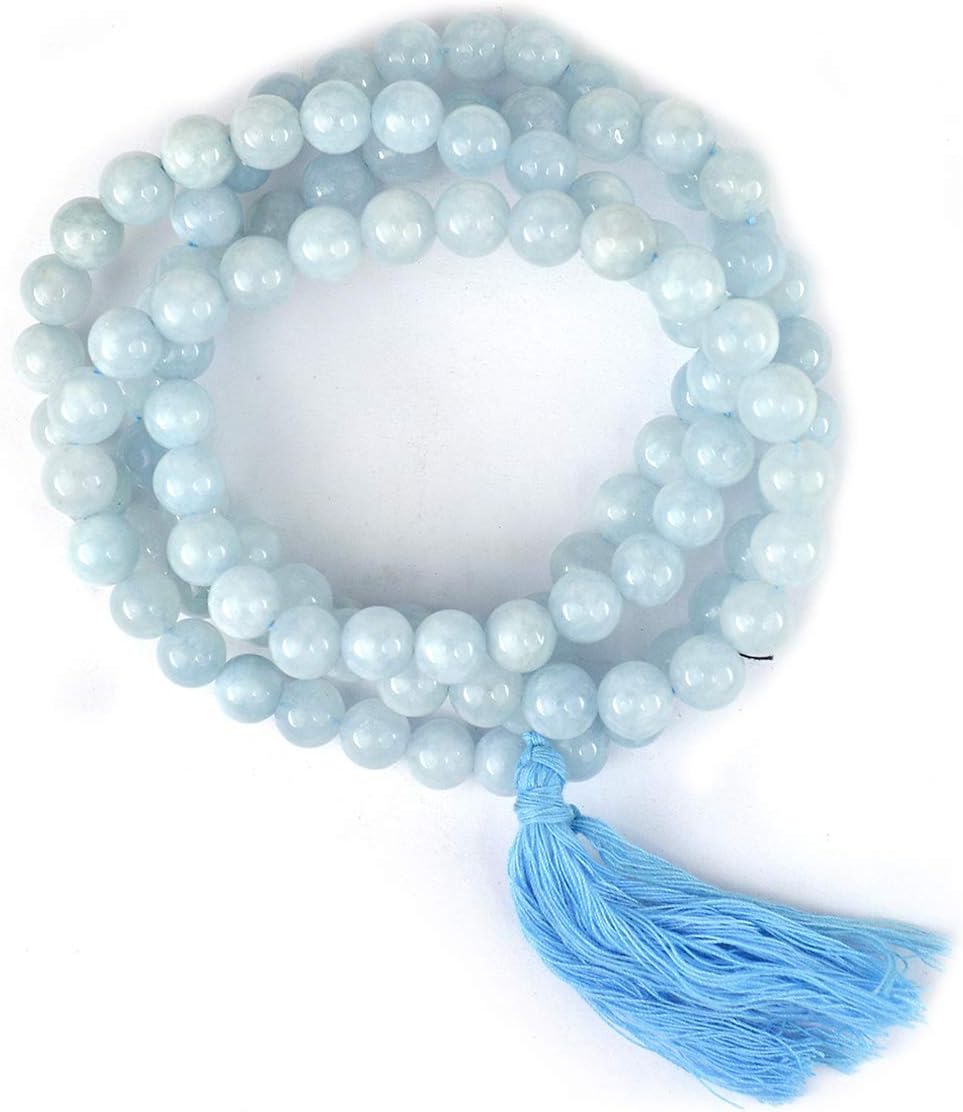 Reiki Crystal Products Aquamarine Mala Natural Crystal Stone 8 mm 108 Round Bead Jap Mala for Reiki Healing and Crystal Healing Stone (Color : Light Blue)
