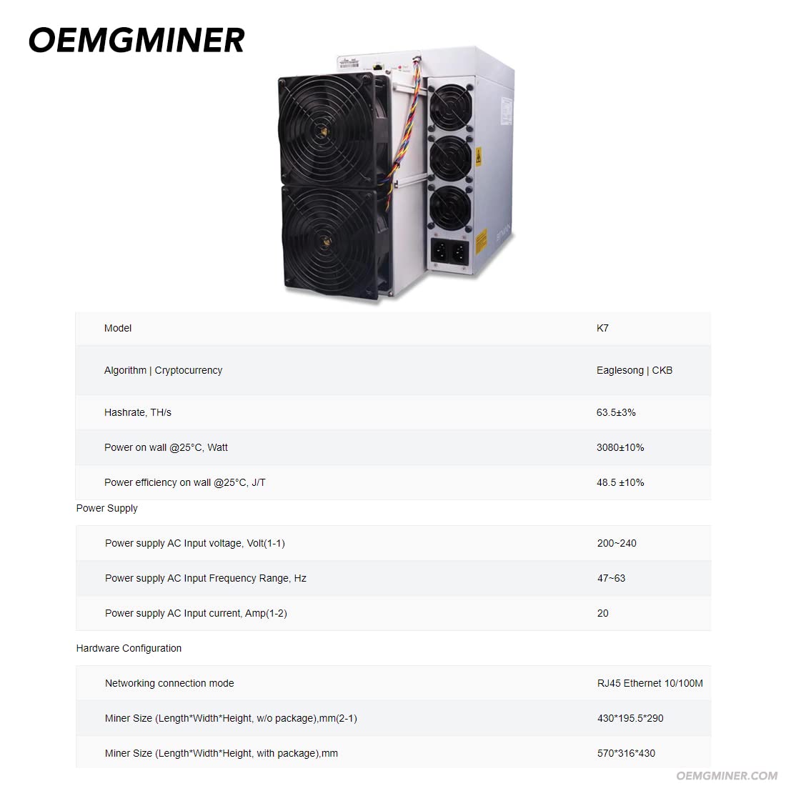 Bitmain Antminer K7 63.5Th/s Eaglesong CKB Miner Nervos Network 3080 W  Alimentation intégrée : Amazon.ca: Électronique