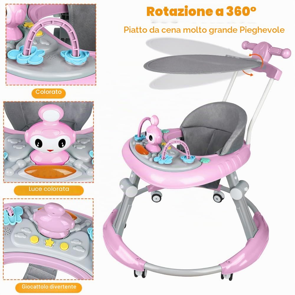 Girello pieghevole per neonati da 6 a 18 mesi, girello per bambini ragazzi e ragazze, barra di spinta alta + cappotta girevole a 360° + musica, 67 x 67 x 79 cm, rosa
