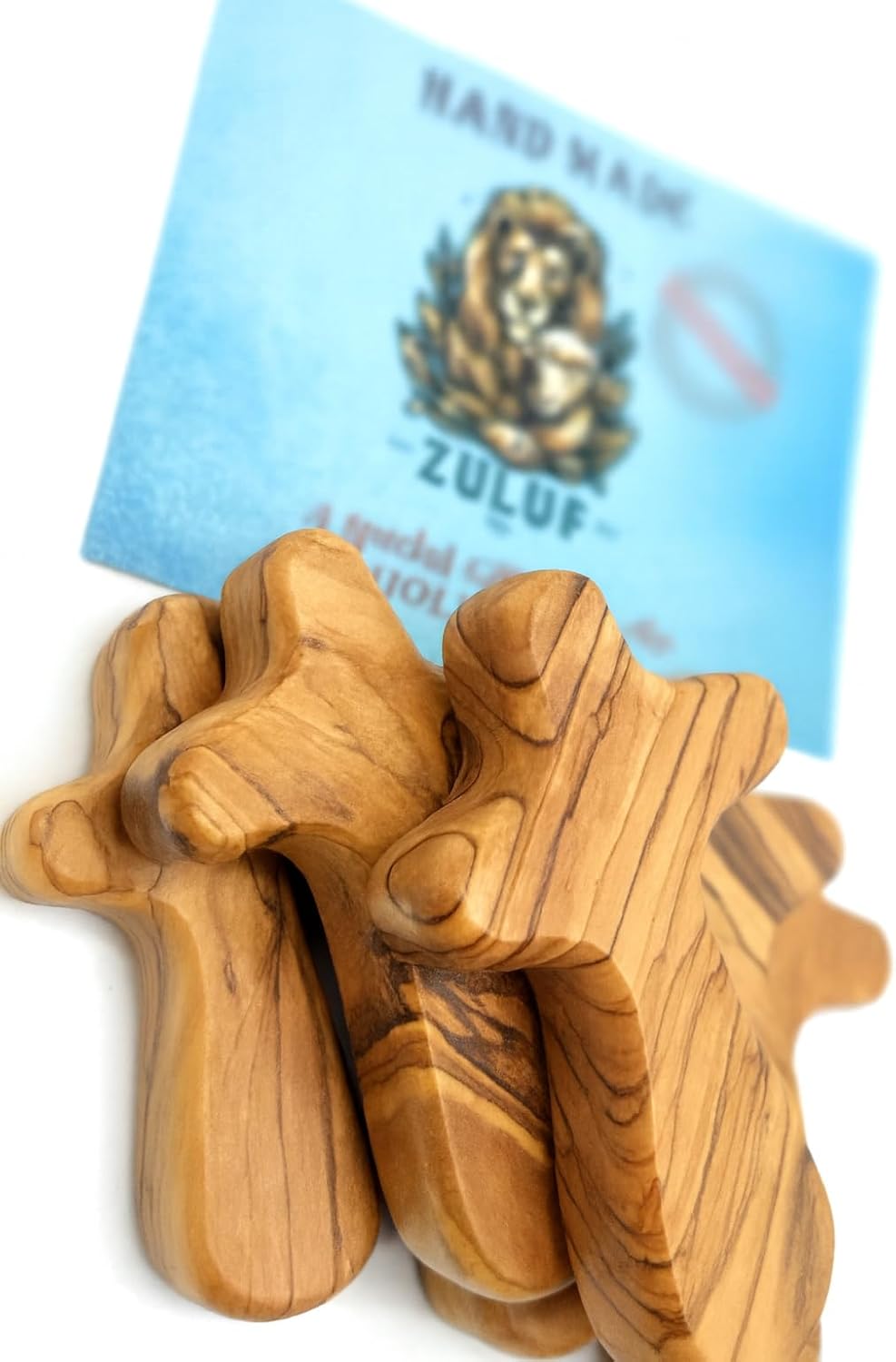 Zuluf Set of 6 Large Comfort Cross Olive Wood 4.2" (10.7cm) – Olive Wood Hand Handheld Wooden Prayer Cross - Holy Land Gifts with Certificates CRS100