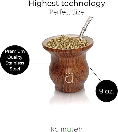Miniatura 8 de Kalmateh Modern Yerba Mate Gourd - Doble pared de acero inoxidable 188, incluye bombilla y un cepillo de limpieza, 9 onzas, 9.1fl oz (mármol)