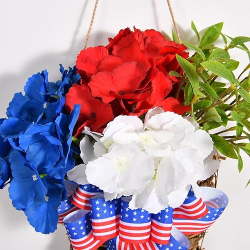Miniatura 4 de Cesta colgante patriótica artificial Decoración de puerta delantera del 4 de julio, decoraciones de patio del día de la independencia, decoración