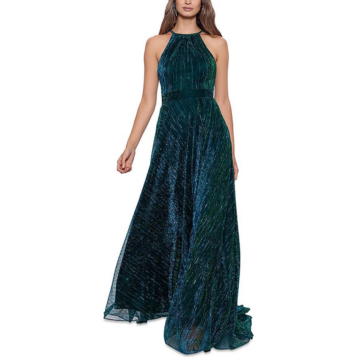 Betsy &amp; Adam Women's Metallic Knit Halter Neck Sleeveless Floor Length Dress