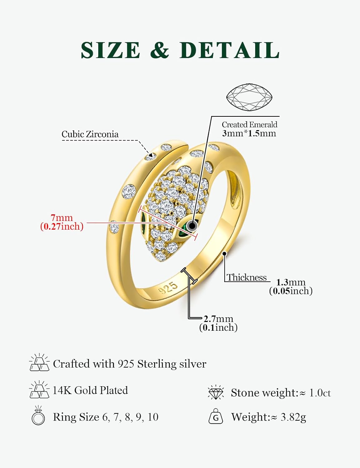 Fashion Snake Rings for Women Sterling Silver/14K Gold Plated Statement Cocktail Ring Punk Jewelry Adjustable Open Emerald CZ Snake Finger Ring Size 6-10 - Image 6