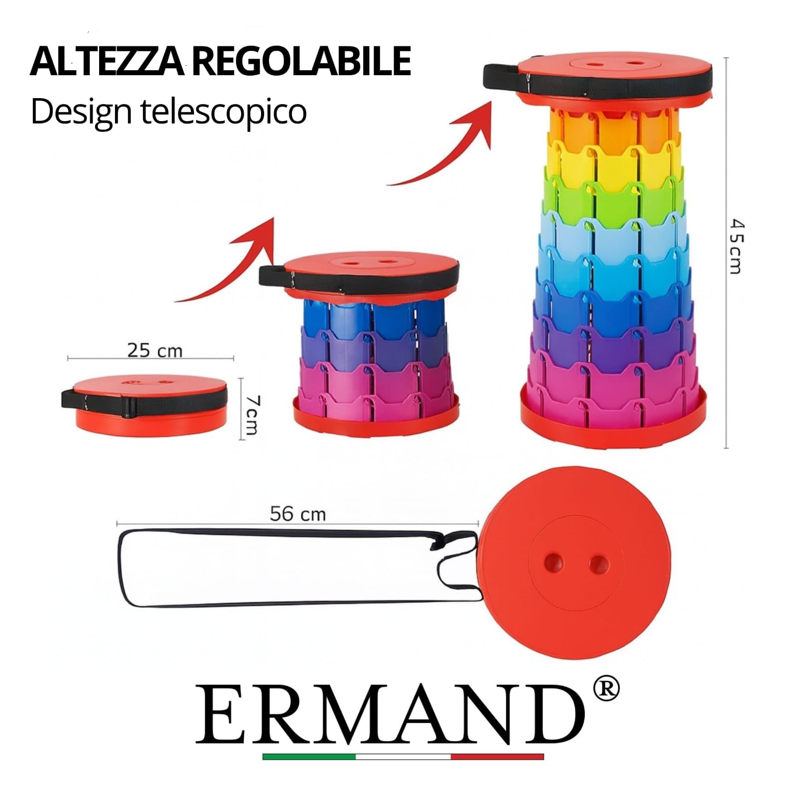 Ermand Sgabello Telescopico Portatile Pieghevole – Regolabile in Altezza – Leggero e Resistente fino a 180 kg – Sgabello per Campeggio, Pesca, Viaggi, Trekking, Outdoor