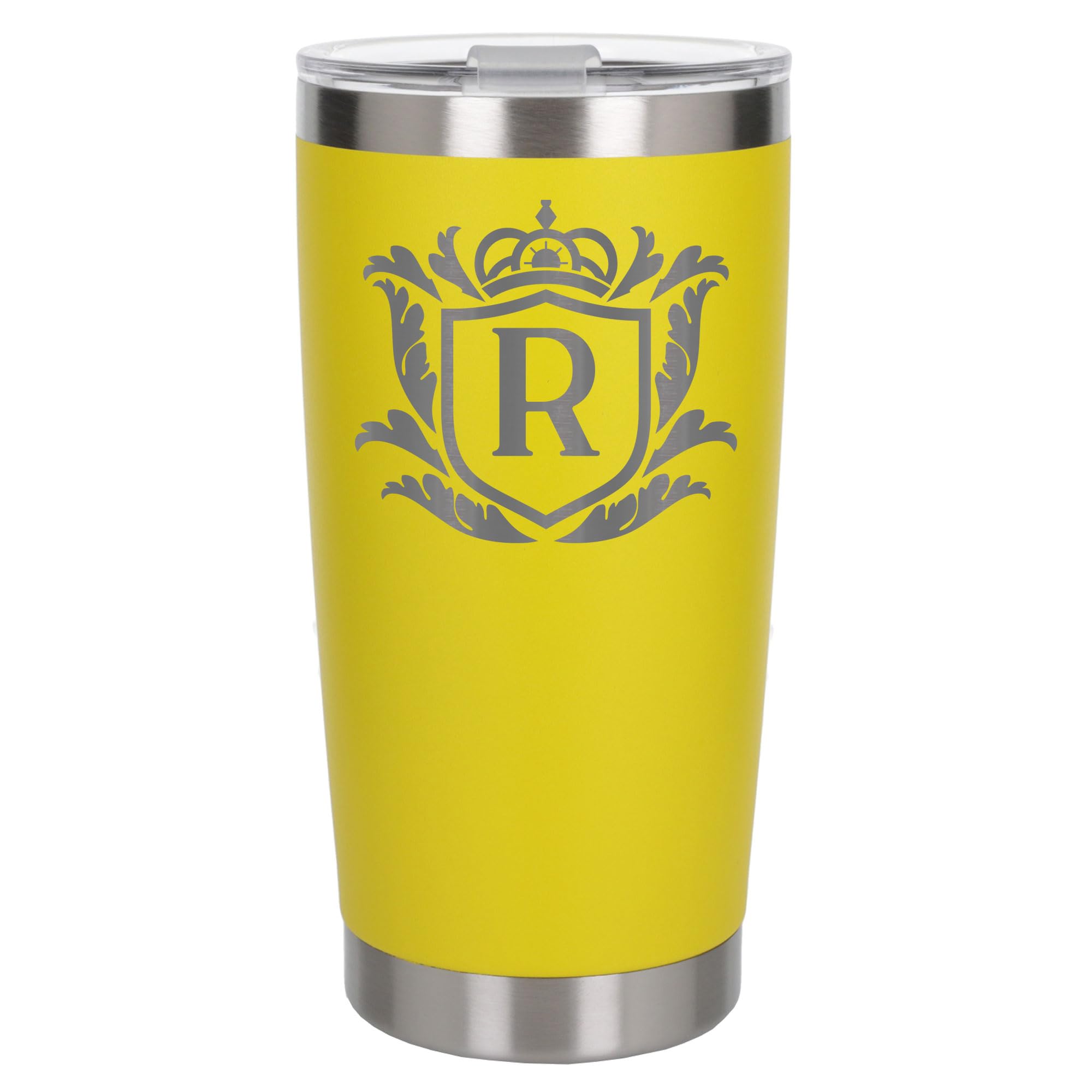 Customised Gifts 500ml Engraved Shield Initial Monogram Insulated Personalised Yellow Travel Mug for Men and Women - Personalised Initial Coffee Travel Mug for Hot and Cold Beverages, Letter R — image 1