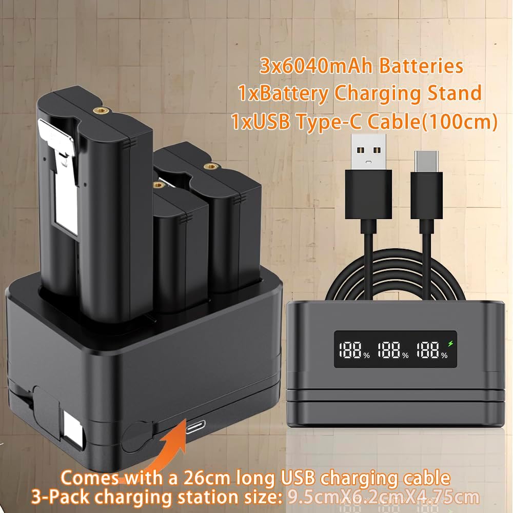 Charging Station for Ring Battery,3 Pack 3.65V 6040mAh,3-Slot LED Display Charger with Type-C Cable,Compatible with 2/3/4/Plus/Spotlight/Stick Up Cam Batteries and Others