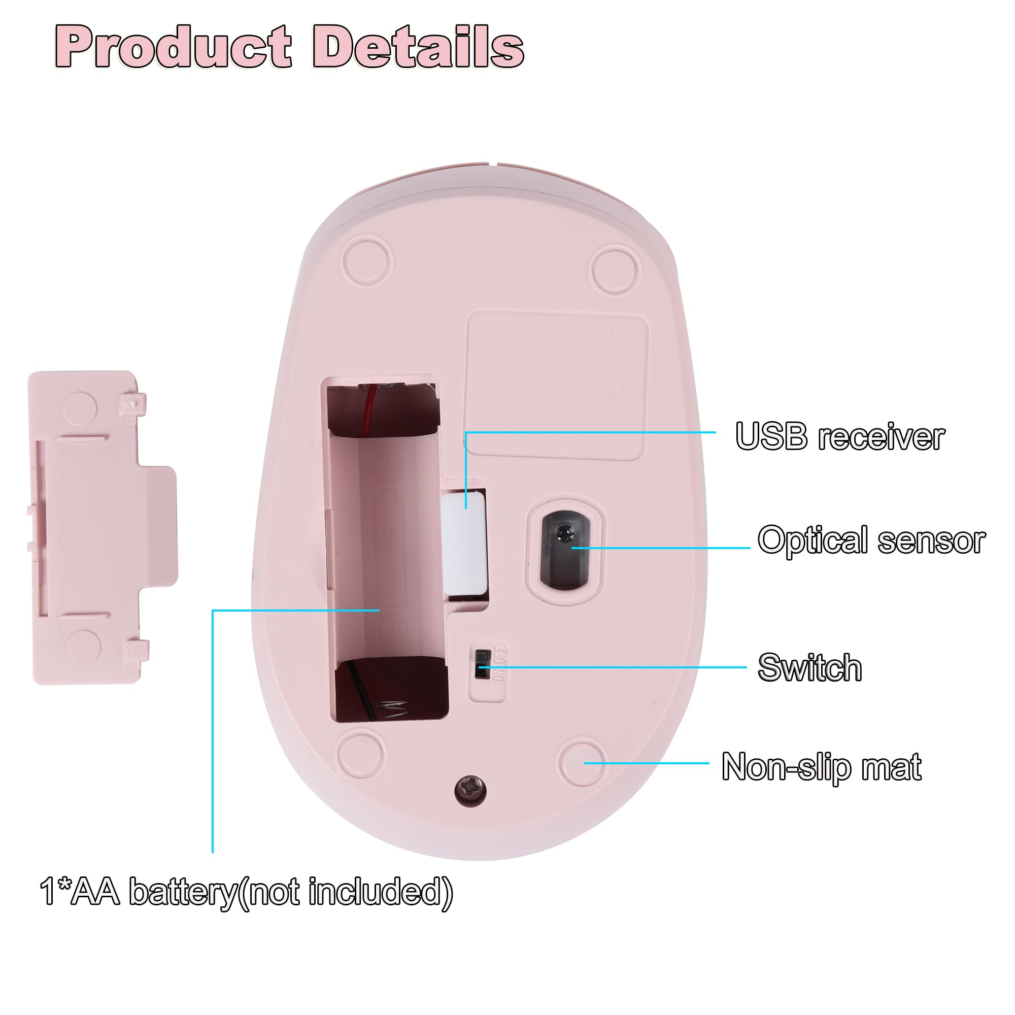 Bezprzewodowa mysz 2,4 GHz urocza kreskówka mysz komputerowa DPI regulowana mała mysz bezprzewodowa mysz dziecięca cicha mysz USB do laptopa komputera prezenty dla dzieci (różowa)