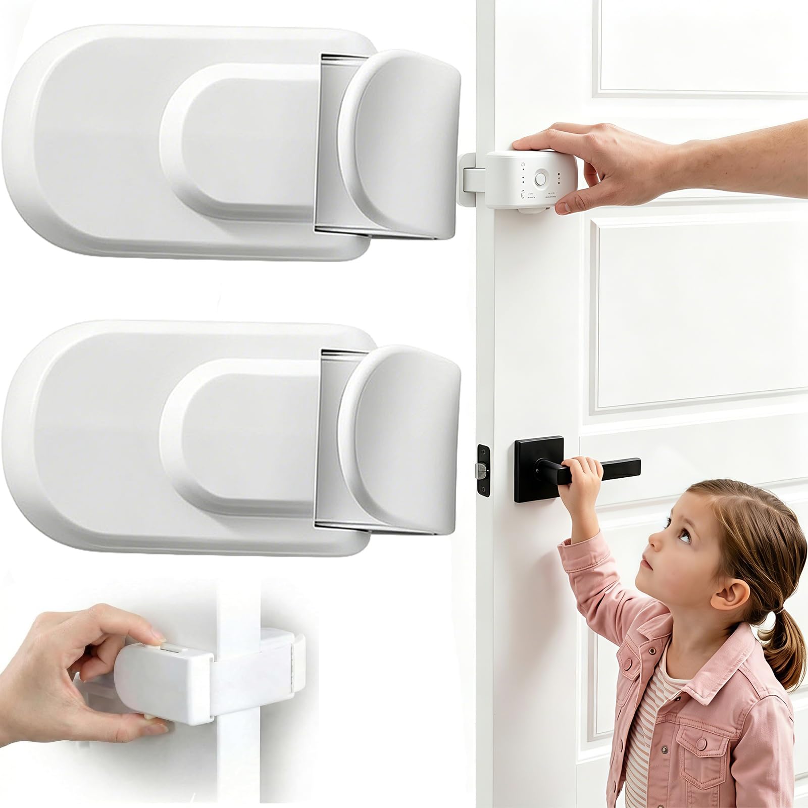 Child Proof Door Lock for 3.5cm Interior Doors, Snap-On Baby & Pet Safety Latch, Tool-Free Instant Install, Damage-Free Rental Friendly, Easy Adult Manual Thumb-Turn Unlock(2 pcs)