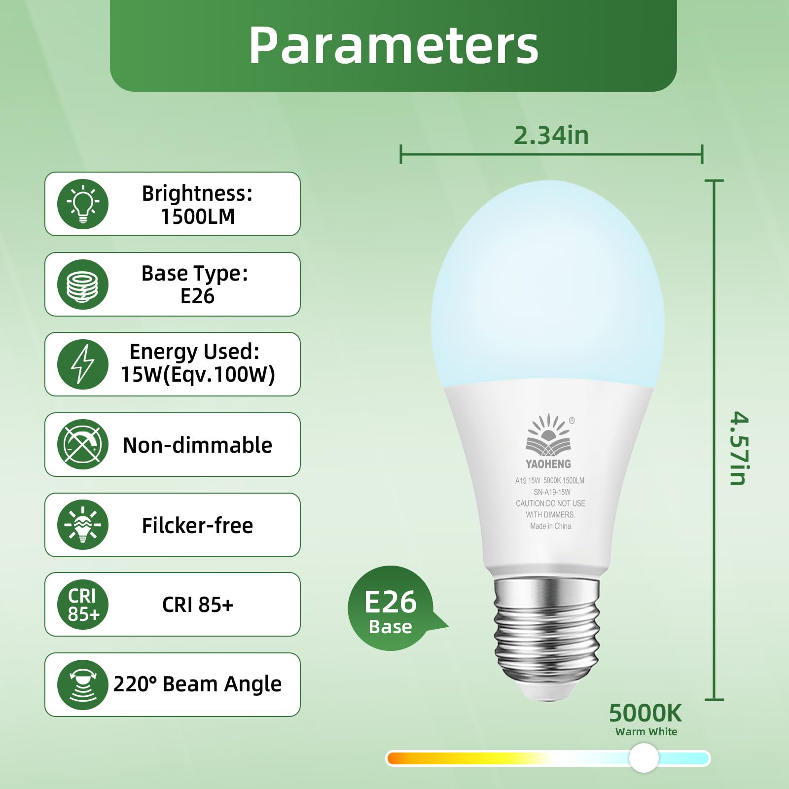 A19 LED Light Bulb 100 Watt Equivalent LED Bulbs 5000K Daylight White 1500 Lumens Standard E26 Base Non-Dimmable — view 2