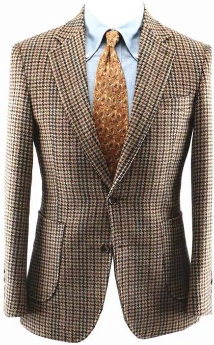Mens Houndstooth Suit Jacket Men Wool Slim Fit Business Blazer Prom Two-Button Wedding Coats