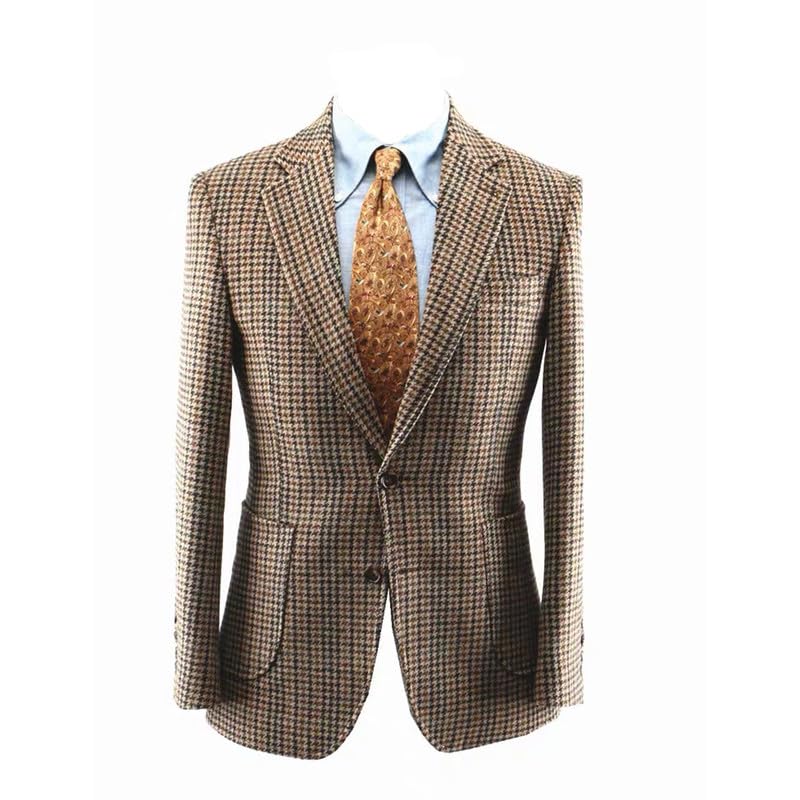 Mens Houndstooth Suit Jacket Men Wool Slim Fit Business Blazer Prom Two-Button Wedding Coats