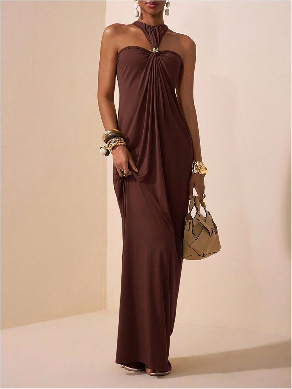 OYOANGLE Women's Sleeveless Halter Maxi Dress Metal Decor Twist Ruched Beach Wedding Guest Dress - Image 5