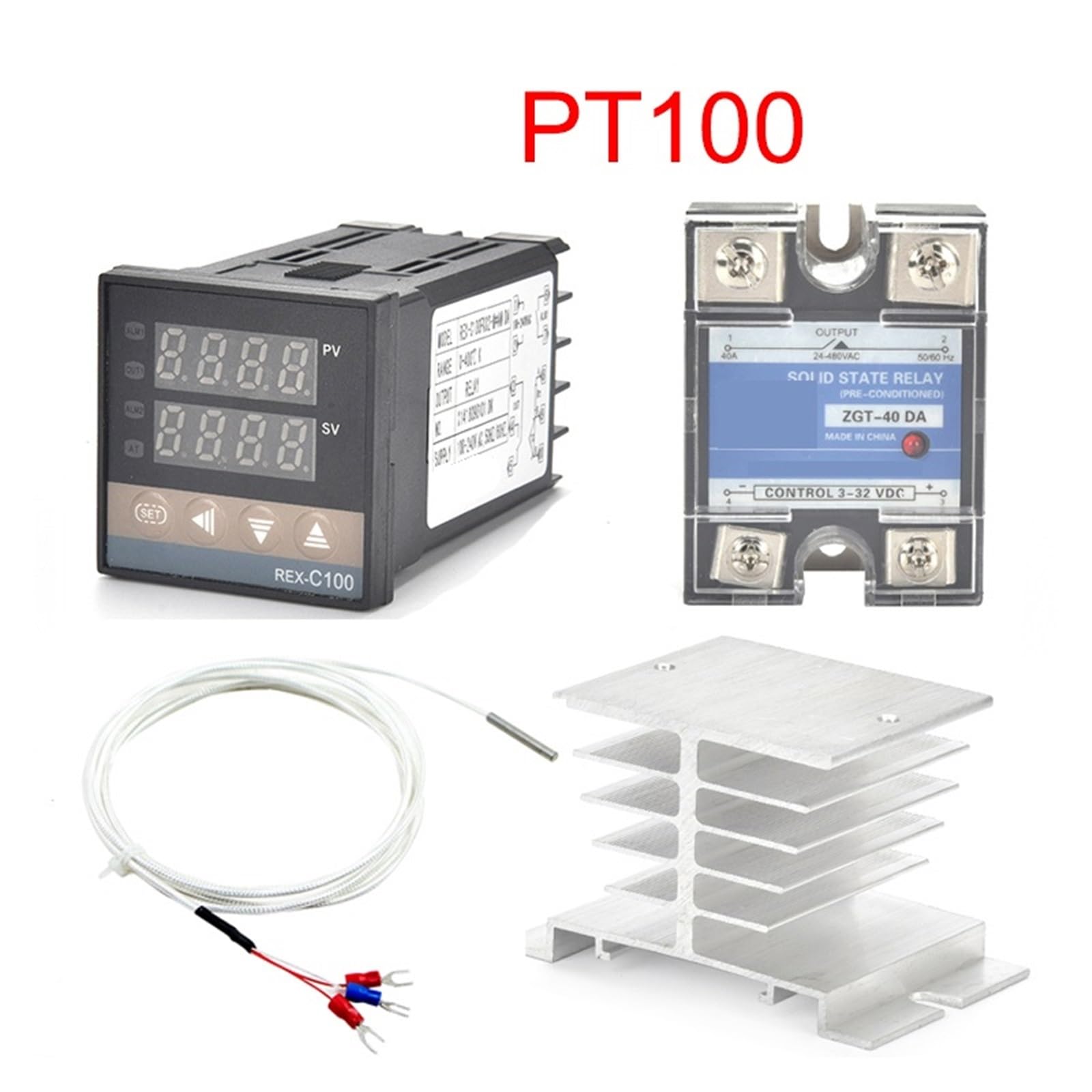 Controlador de temperatura Digital REX-C100 PT100, termostato con salida SSR, relé 40DA SSR, disipador de calor de radiador de aluminio, resistencia de 1m, 1 Uds.(Set 4)