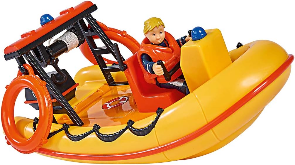 Simba 109251047 Fireman Sam Neptune Boat with Penny Figure in Diving Outfit with Secret Compartment and Mechanical Winch, Floats on the Water, 20 cm, for Children from 3 Years