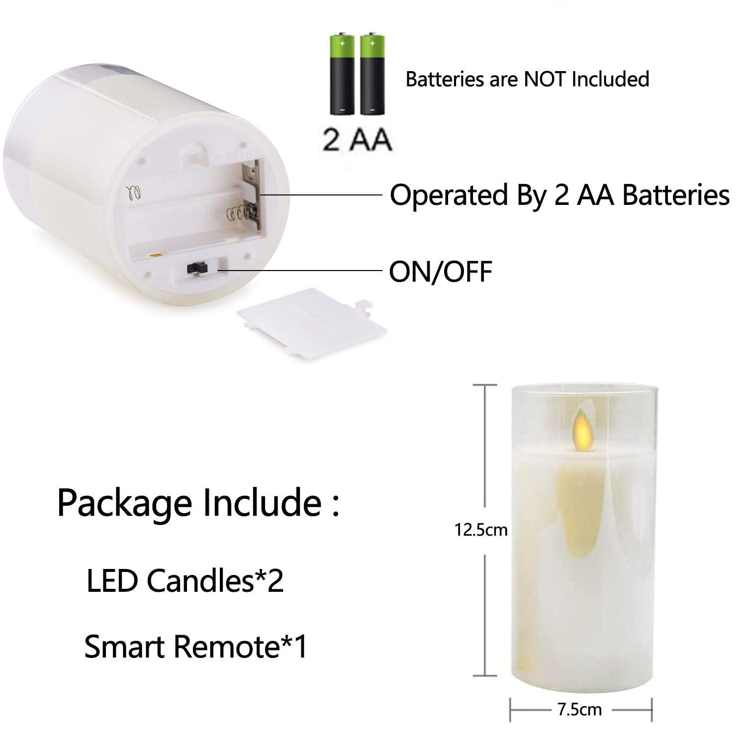 Velas LED Pack de 2 Parpadeante Sin Llama Con Vidrio y Temporizador, Mando a Distancia, Real Cera, Regulable Para Dormitorio y Fiesta - 12.5cm Blanco