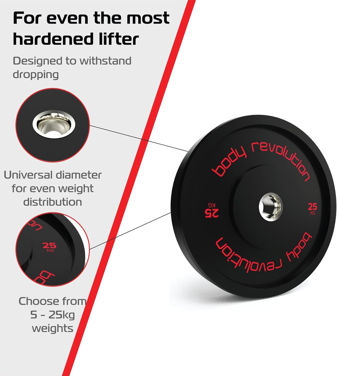 Body Revolution, dischi Bumper in gomma da 5 cm per sollevamento pesi olimpionico, dischi per bilancieri e crossfit (da 5 a 25 kg), 25kg pair