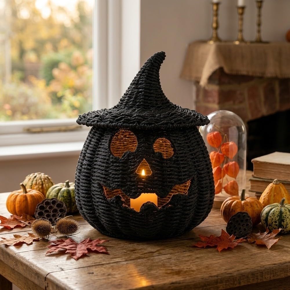 Lanterna di Halloween in tessuto di paglia con Jack-o-Lantern (zucca