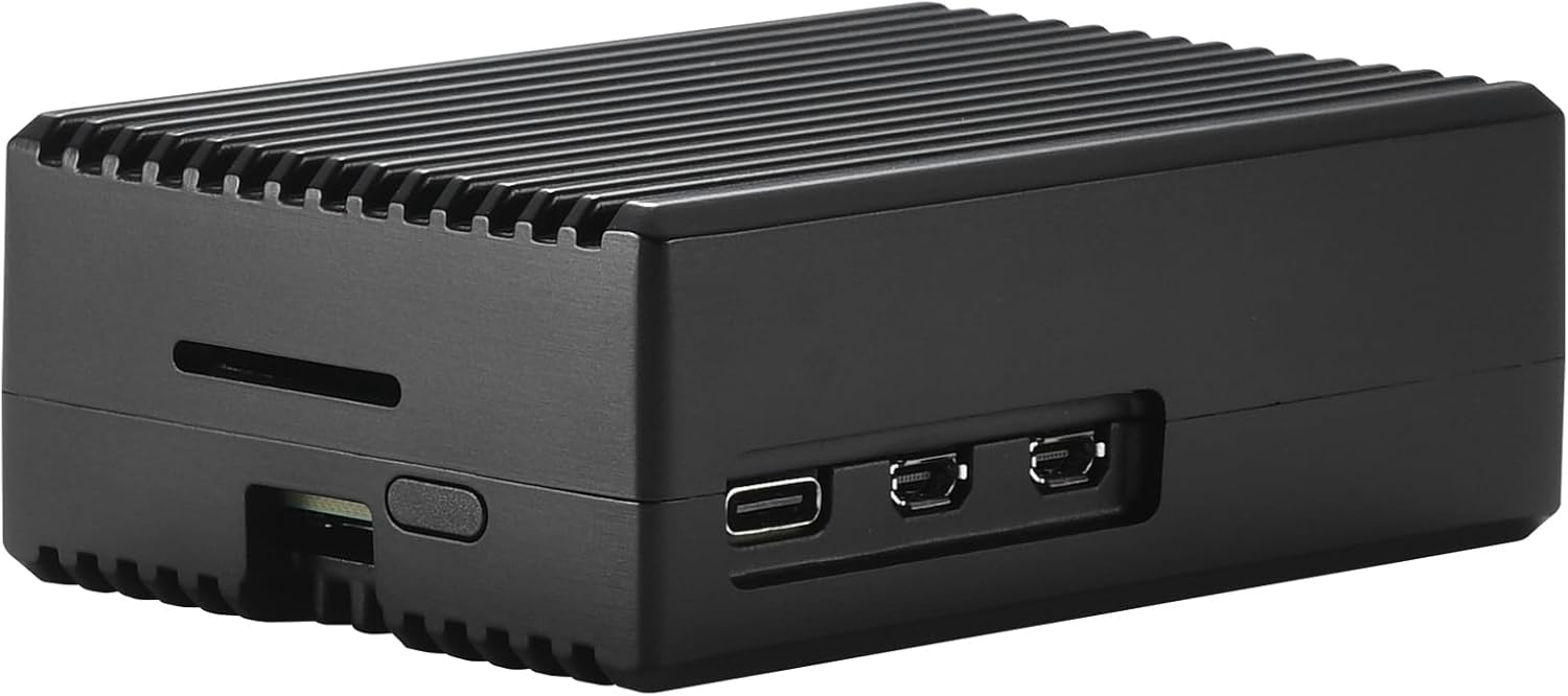 Raspberry Pi 5 board positioned next to the case halves
