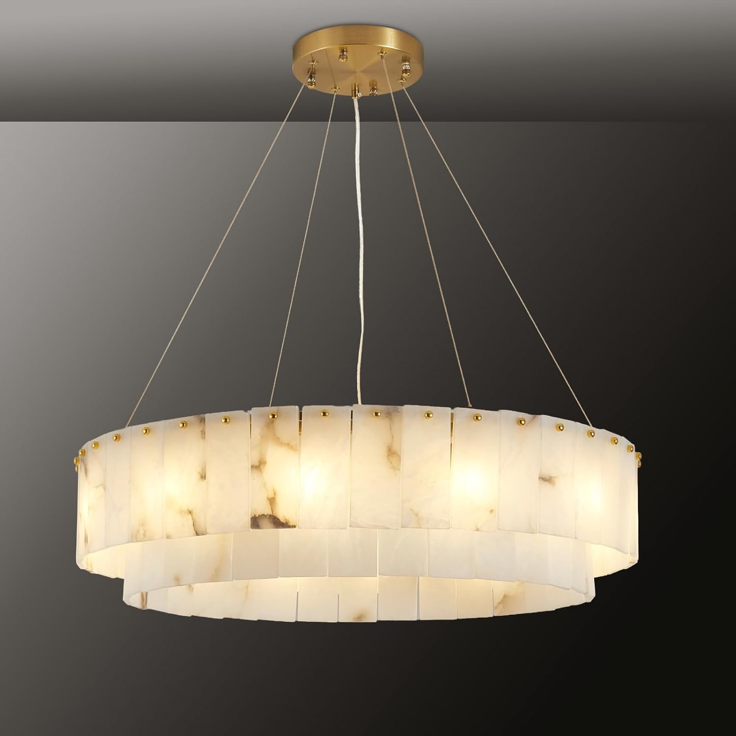 Spanish Alabaster Chandelier, 2 Tiers Brushed Brass Modern Chandeliers for Dining Room Light Fixture 12-Light Pendant Light Natural Marble Chandelier for Kitchen Bedroom Living Room Foyer