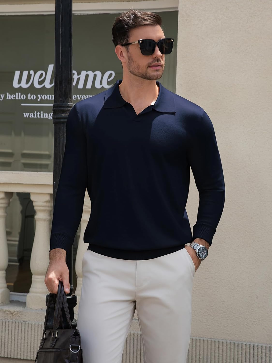 Mens Knit Polo Sweater Long Sleeve V Neck Casual Golf Polo Lightweight Collar Pullover Sweaters - Image 2