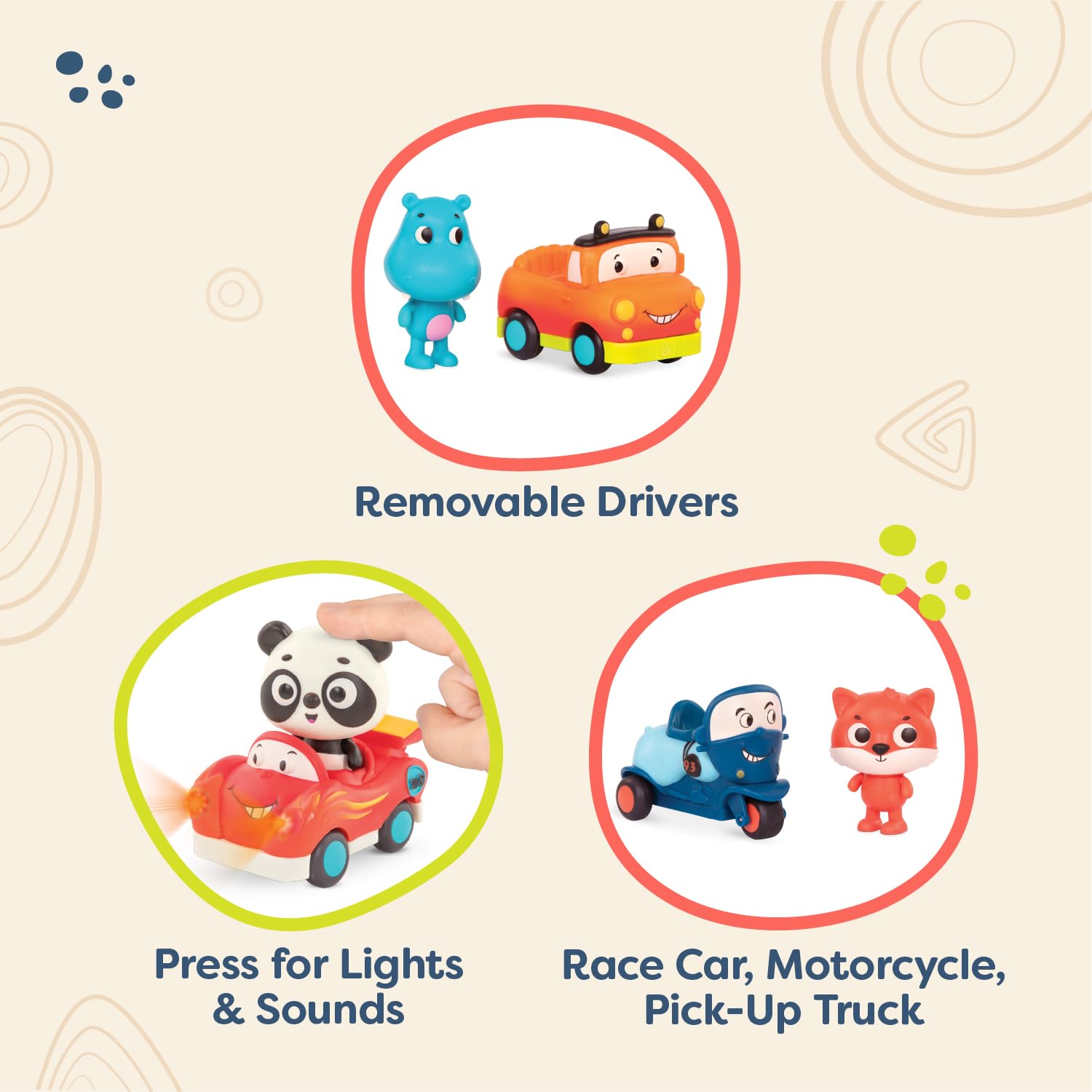 B. toys Mini Riders, zestaw 3 świecących i dźwiękowych pojazdów zabawkowych