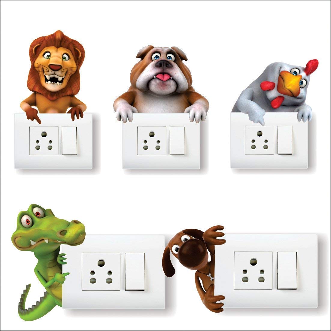 AH Decals Amazing Animal Cartoon Wall Switch Board 3D Vinyl Stickers for Kids Bedroom - Set of 5 (Multicolor)