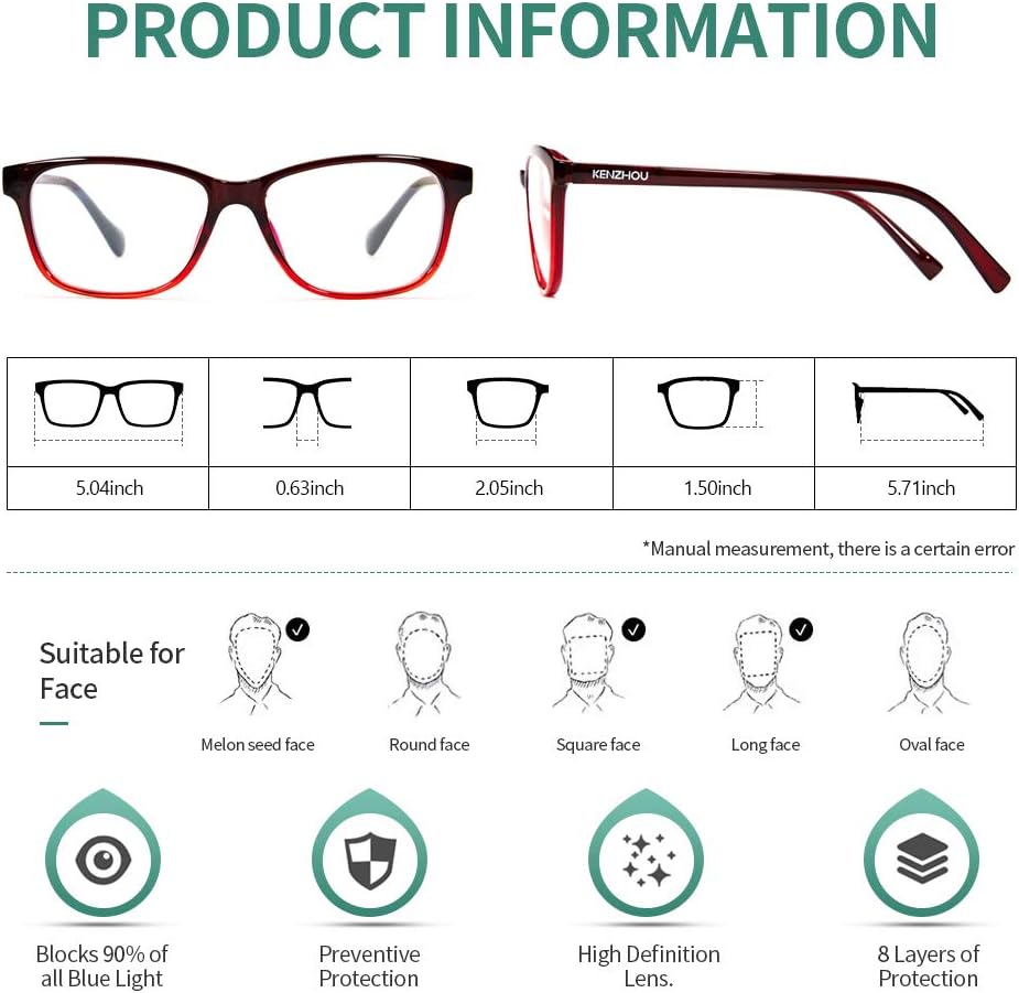K KENZHOU Blue Light Blocking Glasses 1 Pack -Computer Glasses with Spring Hinges/Square Eyeglasses Frame, Blue Light Blocker for Women Men, Anti Eye Eyestrain&UV Glare/Reading/Gaming/TV/Phones