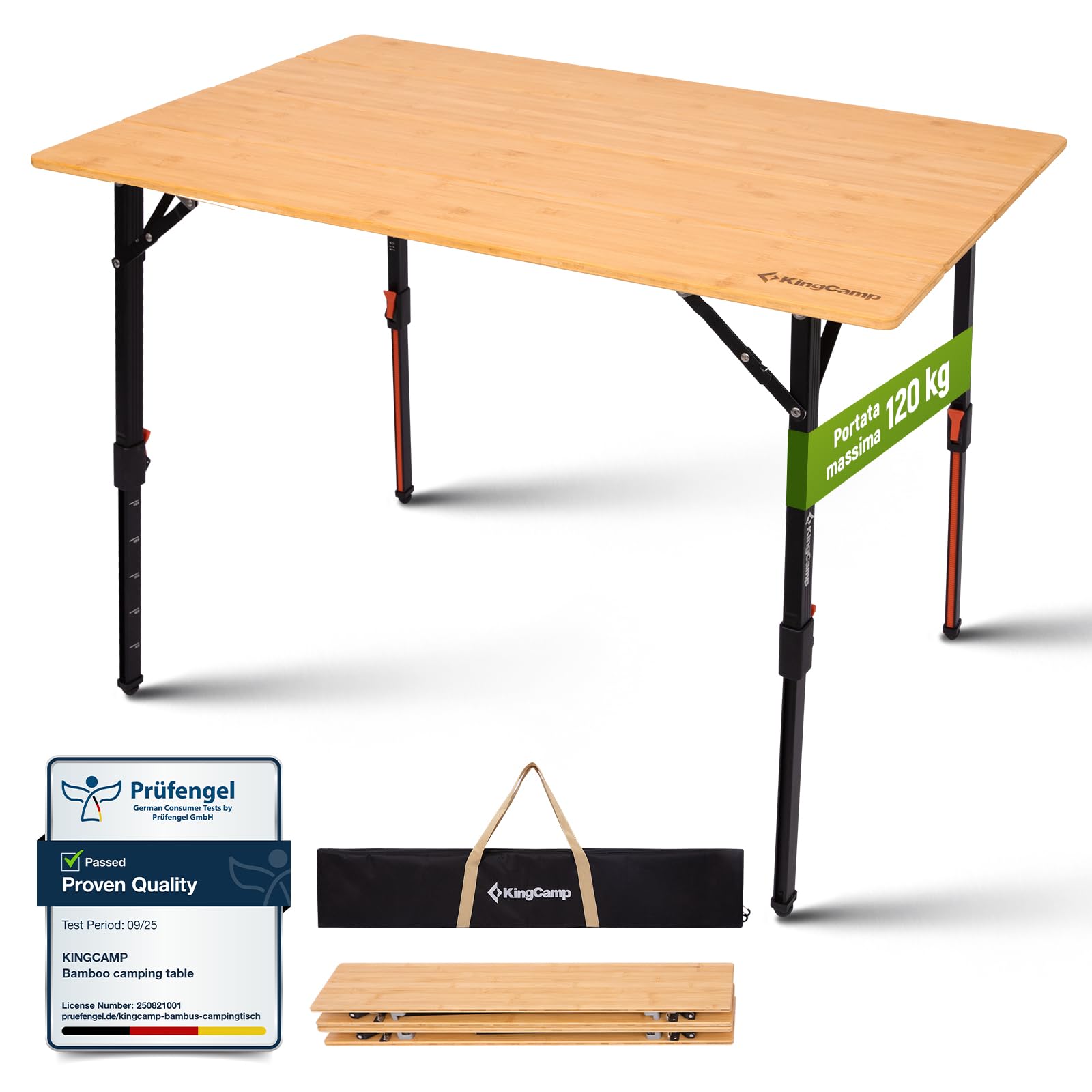 KingCamp Tavolo da campeggio pieghevole in bambù naturale, regolabile in altezza (42-70 cm), portata 120 kg, robusto pieghevole per campeggio, giardino e picnic