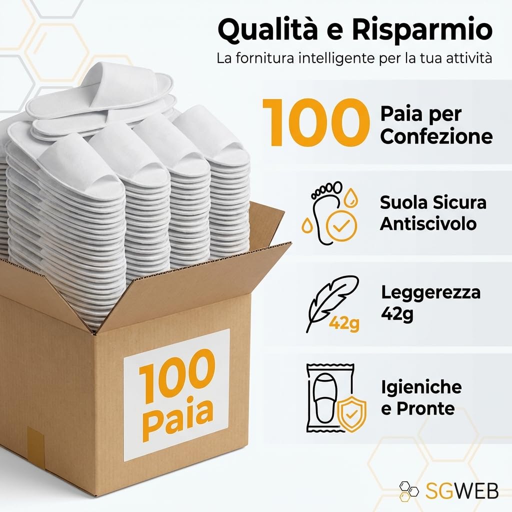 100 Paia Ciabatte di Cortesia per Hotel, Alberghi, Spa in TNT - Confezionate Singolarmente, Suola Antiscivolo - Pantofole Monouso Aperte 28,5 x 11,7 cm - 42 g - Bianco (Mod. Aperto)