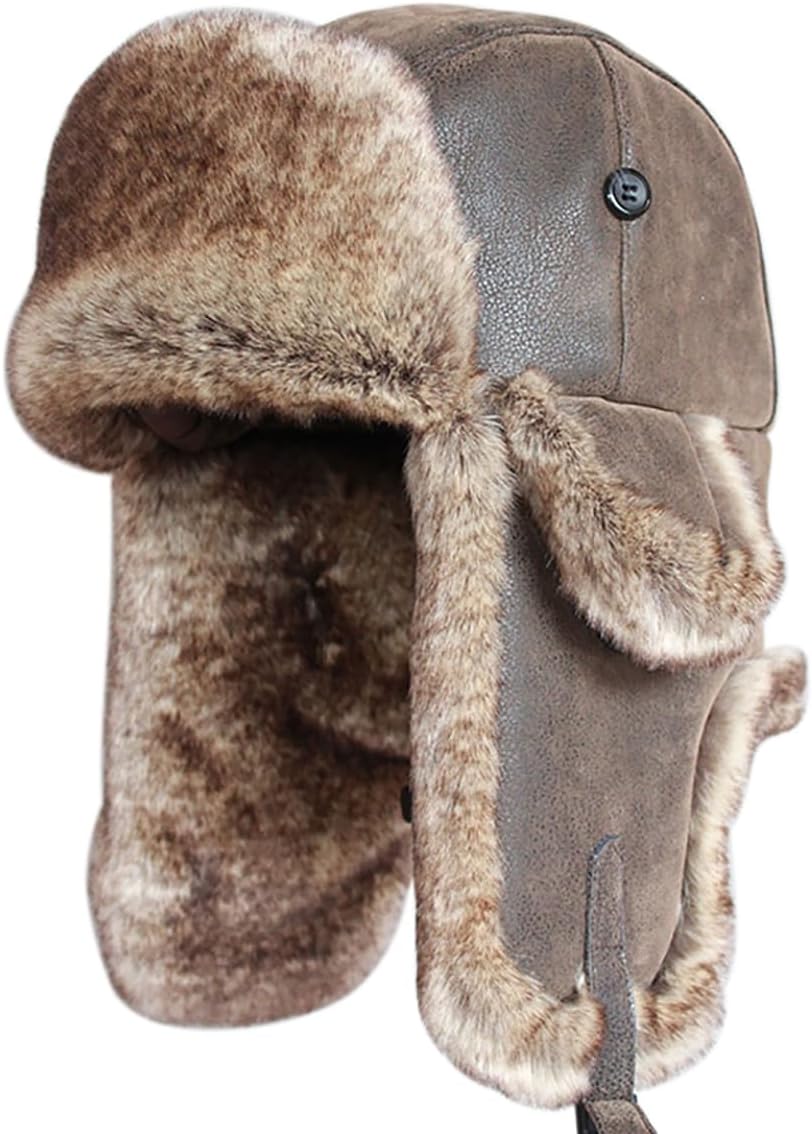 Winter Bomber Hats, Unisex Warmer Waterproof Leather Trapper Hat with Ear Flaps