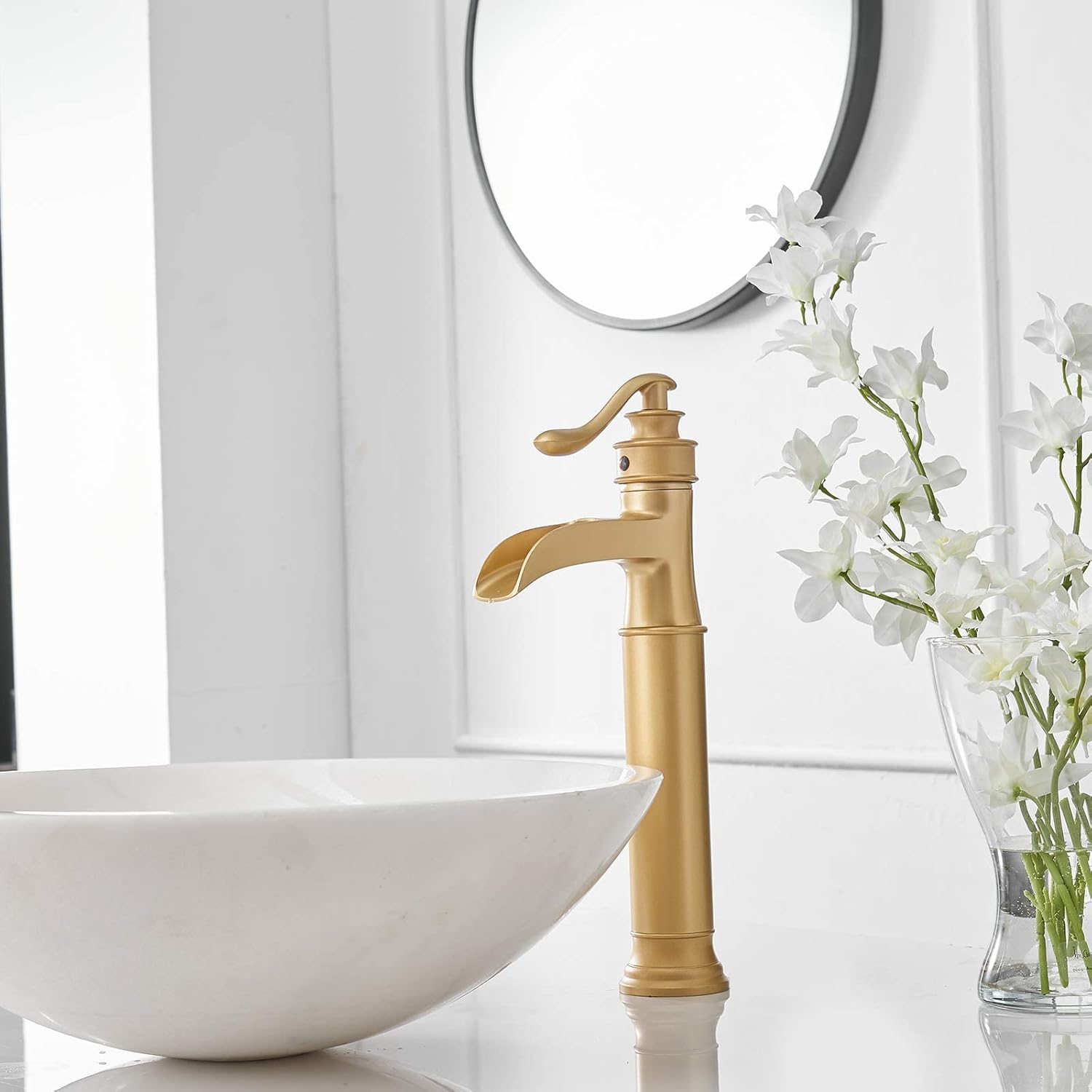 Bеѕt Dеаl Gold Bathroom Faucets Waterfall with Pop Up Drain Vessel Sink Faucet Single Handle One Hole Deck Mount with Supply Line Brass Commercial Lavatory Basin Tap by Greenspring