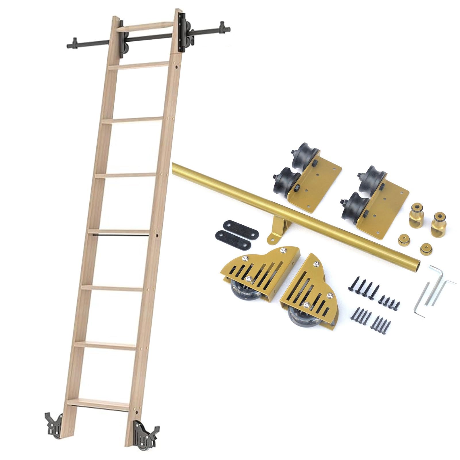 DONGGANSHI Sliding Ladder Library Full Set Hardware Rolling Track 3.3ft- 24ft,Metal Mobile Ladder Track Rails Kit(No Ladders) with Floor Roller Wheels(19.7ft/600cm Track kit)