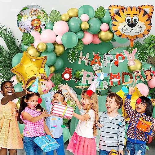 Image of Rozi Decoration Jungle Theme Birthday Decoration Set | 58-Piece Kit with Animal Banner, Tiger Foil Balloon, Green Pink Gold Latex Balloons & Arch Strip | Kids Safari Party Supplies