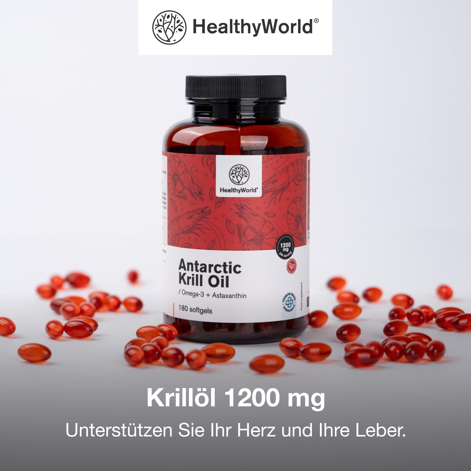 HealthyWorld Olio di Krill 1200 mg - 180 Capsule Molli - Omega-3 + astaxantina - Senza glutine, lattosio e aromi artificiali - Fornitura per 3 mesi - Funzioni cardiovascolari