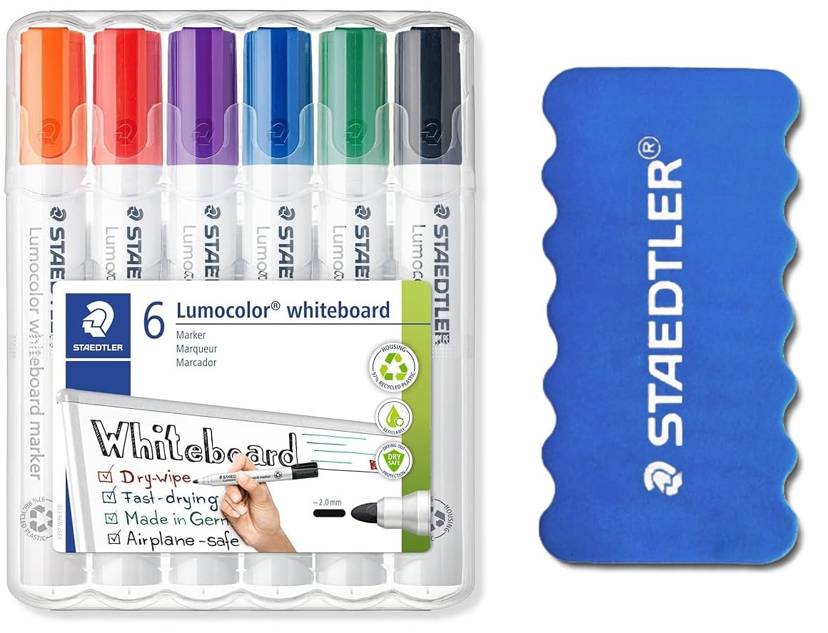 STAEDTLER Lumocolor 351 WP6 - Rotulador para pizarra blanca, punta redonda de aprox. 2 mm de ancho de línea, juego con 6 colores (6 unidades (1 unidad)