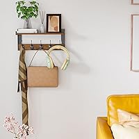 Vista 7 de Ganchos de pared con estante, perchero de madera con estante montado en la pared, estantes colgantes de entrada con 5 ganchos de metal para ropa
